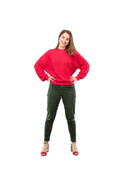 Young Pretty Woman Proud Pose Full Body Cutout Person White — Stock Photo, Image