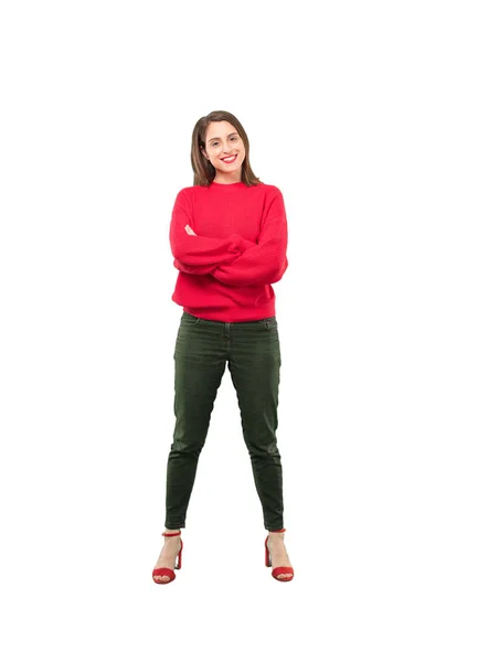 Young Pretty Woman Proud Pose Full Body Cutout Person White — Stock Photo, Image