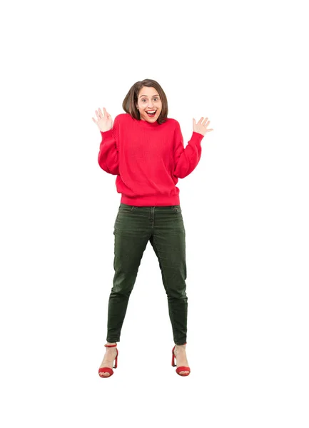 Young Pretty Woman Surprised Full Body Cutout Person White Background — Stock Photo, Image