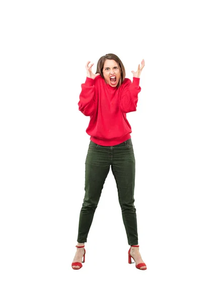 Young Pretty Woman Angry Expression Full Body Cutout Person White — Stock Photo, Image