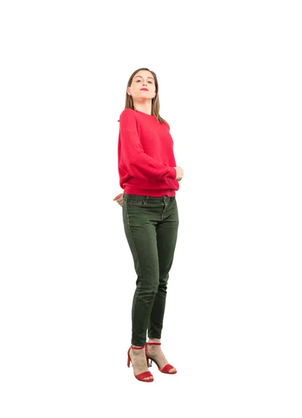 Young Pretty Woman Facing Challenge Proud Pose Full Body Cutout — Stock Photo, Image