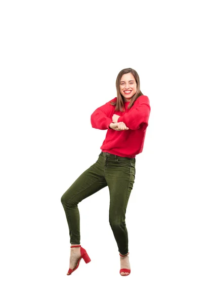 Junge Hübsche Frau Tanzt Ganzkörperausschnitt Person Vor Weißem Hintergrund — Stockfoto