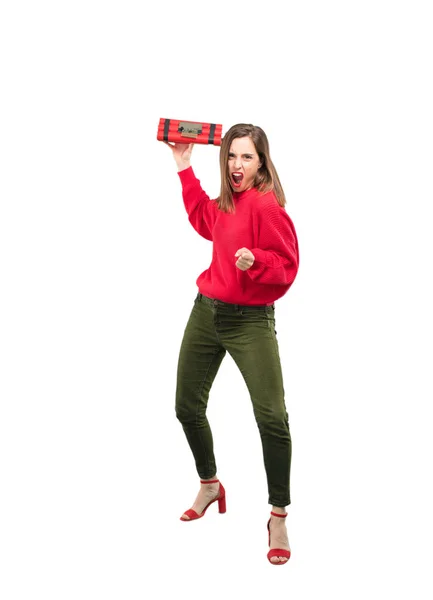 Young Pretty Woman Scared Worried Holding Dynamite Bomb Full Body — Stock Photo, Image