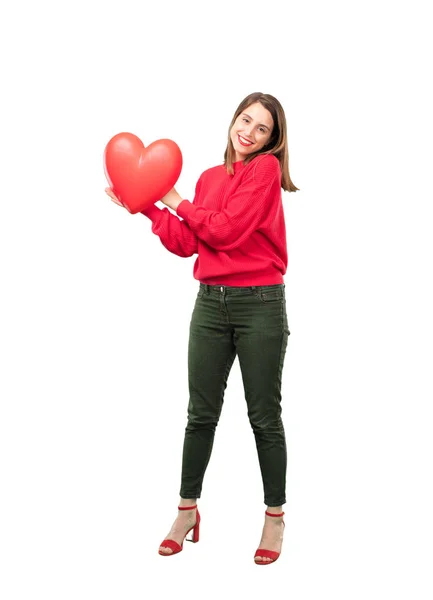 Young Pretty Woman Red Heart Symbol Full Body Cutout Person — Stock Photo, Image