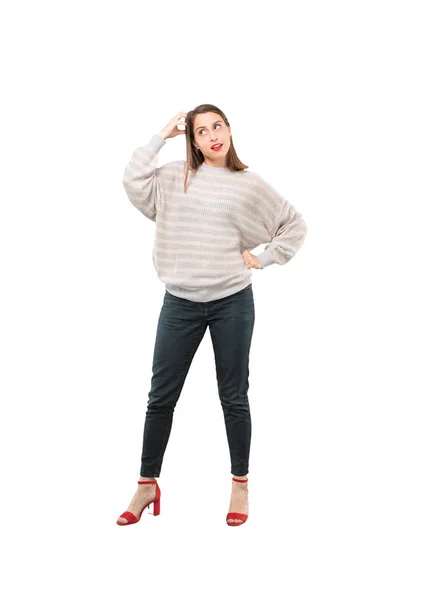 Young Pretty Woman Thinking Confused Full Body Cutout Person White — Stock Photo, Image