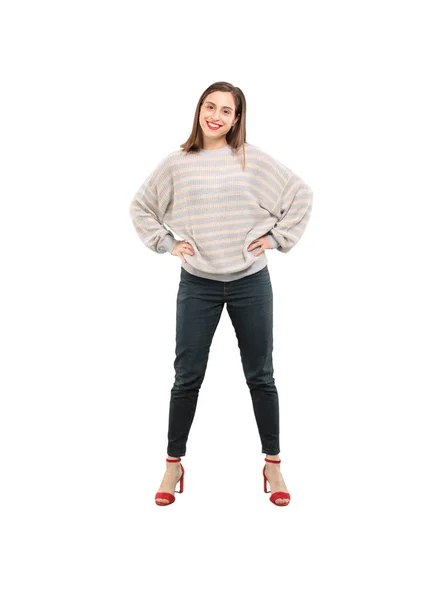 Young Pretty Woman Proud Pose Full Body Cutout Person White — Stock Photo, Image