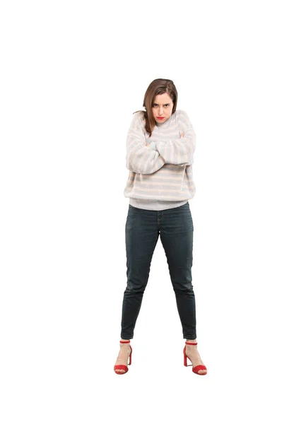 Young Pretty Woman Angry Expression Full Body Cutout Person White — Stock Photo, Image