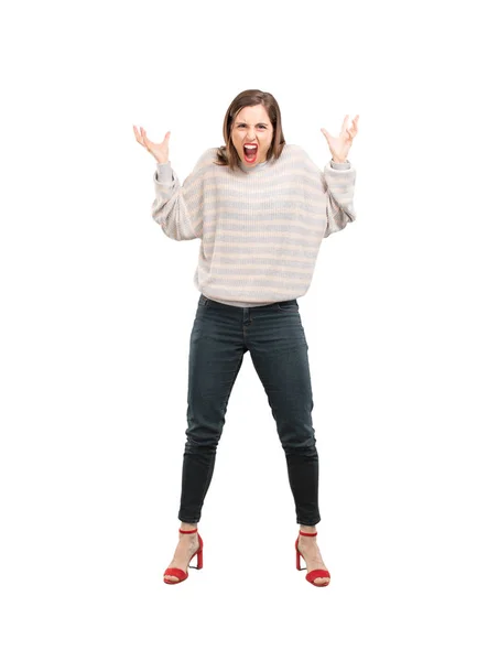 Young Pretty Woman Angry Expression Full Body Cutout Person White — Stock Photo, Image