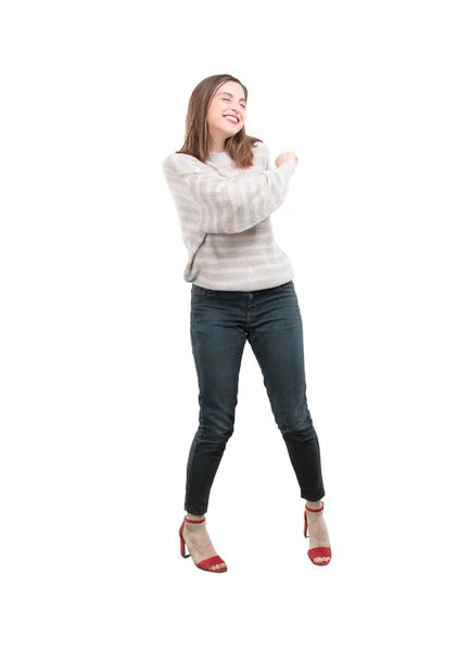 Joven Mujer Bonita Bailando Corte Cuerpo Completo Persona Contra Fondo — Foto de Stock