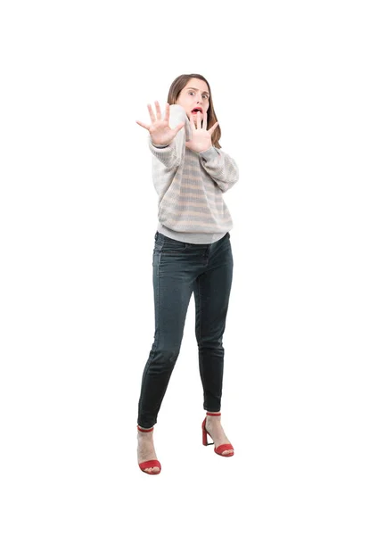 Young Pretty Woman Scared Expression Full Body Cutout Person White — Stock Photo, Image