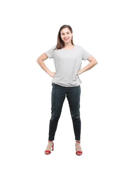 Young Pretty Woman Proud Pose Full Body Cutout Person White — Stock Photo, Image