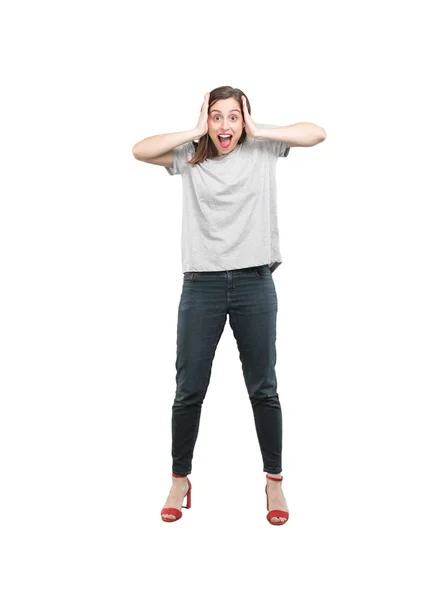 Young Pretty Woman Surprised Full Body Cutout Person White Background — Stock Photo, Image