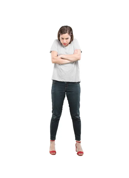 Young Pretty Woman Angry Expression Full Body Cutout Person White — Stock Photo, Image