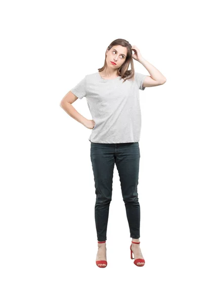 Young Pretty Woman Thinking Confused Full Body Cutout Person White — Stock Photo, Image