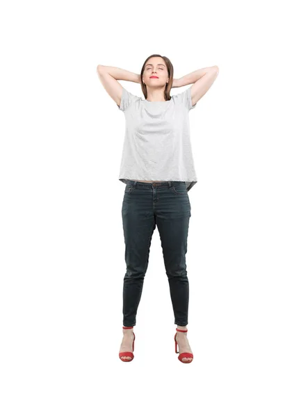 Mulher Bonita Nova Com Expressão Satisfeita Pose Pessoa Corte Corpo — Fotografia de Stock