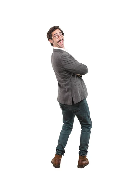 Junger Verrückter Stolzer Pose Ganzkörperausschnitt Person Vor Weißem Hintergrund — Stockfoto
