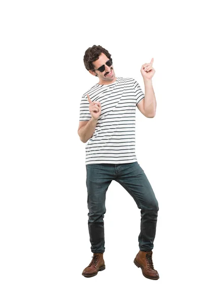 Junger Verrückter Mann Tanzt Ganzkörperausschnitt Person Vor Weißem Hintergrund — Stockfoto