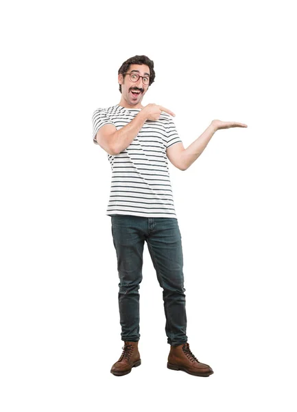 Young Crazy Man Showing Empty Place Place Your Concept Full — Stock Photo, Image