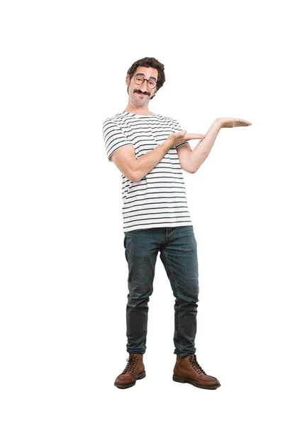 Young Crazy Man Showing Empty Place Place Your Concept Full — Stock Photo, Image