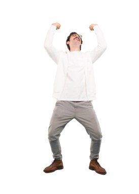 Genç deli bastırıyor veya işaret tutan adam. Tam vücut kesme kişi beyaz arka plan.