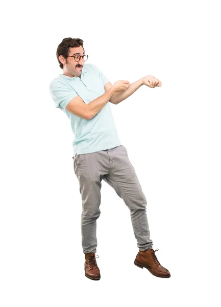Young Crazy Man Pulling Sign Empty Copyspace Place Your Concept — Stock Photo, Image
