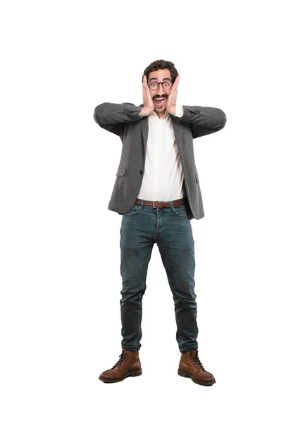 Joven Loco Sorprendido Corte Cuerpo Completo Persona Contra Fondo Blanco — Foto de Stock