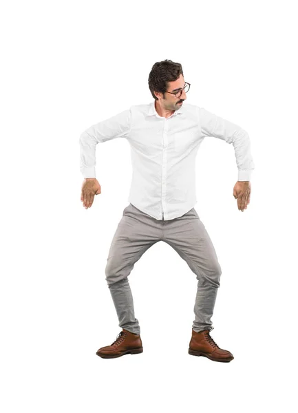 Joven Loco Bailando Corte Cuerpo Completo Persona Contra Fondo Blanco — Foto de Stock