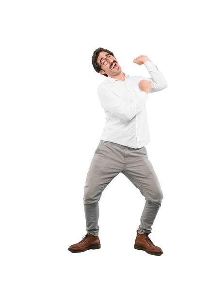 Joven Loco Bailando Corte Cuerpo Completo Persona Contra Fondo Blanco — Foto de Stock