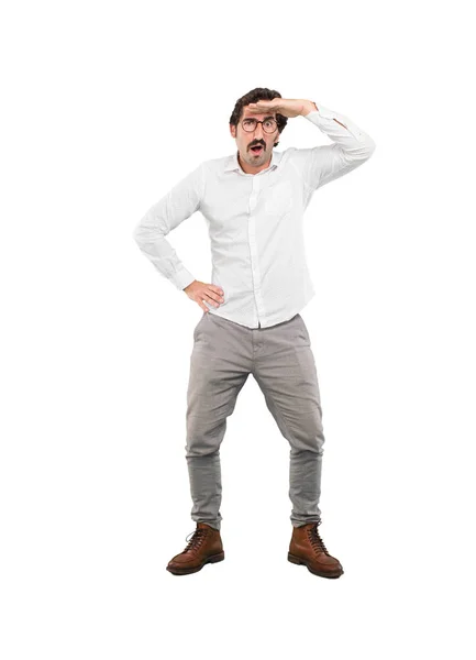 Young Crazy Man Looking Far Sign Full Body Cutout Person — Stock Photo, Image
