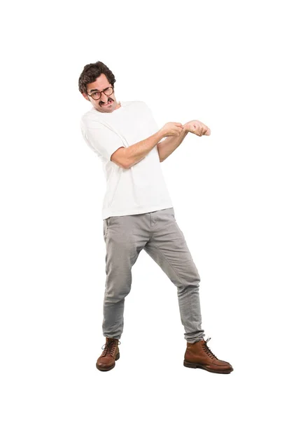 Young Crazy Man Pulling Sign Full Body Cutout Person White — Stock Photo, Image