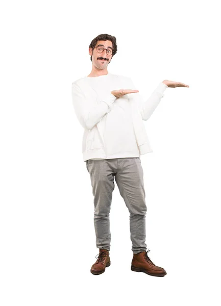 Young Crazy Man Showing Empty Place Your Concept Full Body — Stock Photo, Image