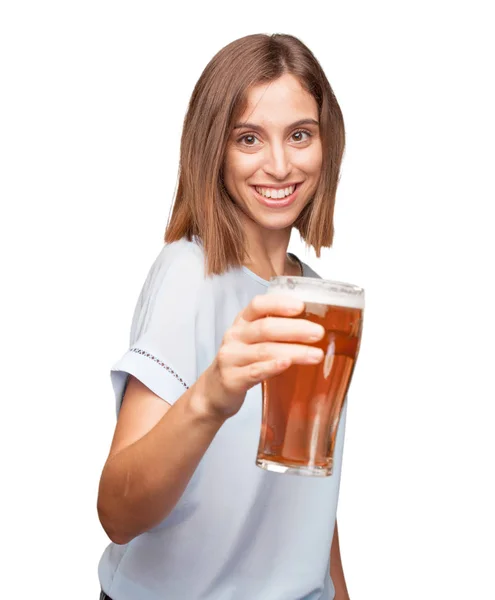 Young Pretty Woman Drinking Beer — Stock Photo, Image