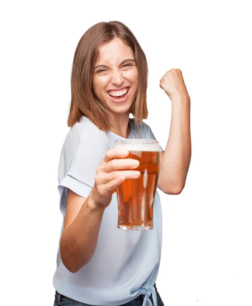 Jeune Jolie Femme Boire Bière — Photo