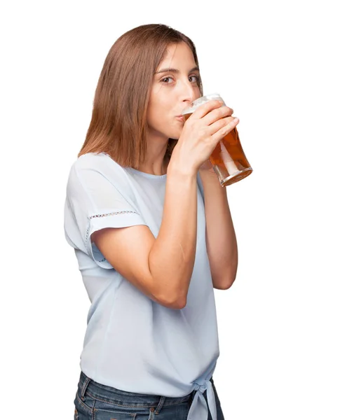 Young Pretty Woman Drinking Beer — Stock Photo, Image