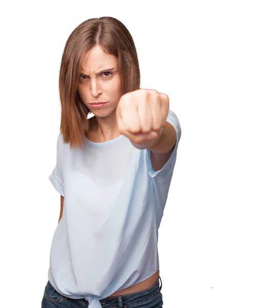 年轻愤怒的妇女显示她的拳头 — 图库照片