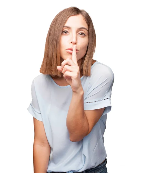 Young Pretty Woman Silence Sign — Stock Photo, Image