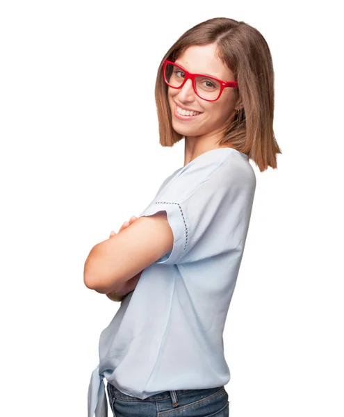 Joven Bonita Mujer Sonriendo Con Gafas — Foto de Stock