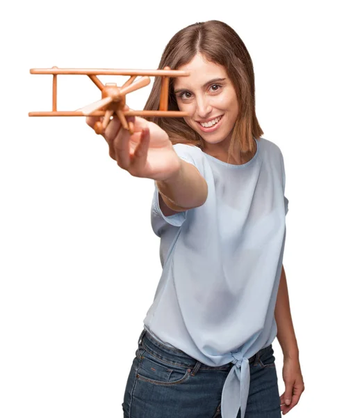 Young Pretty Woman Wooden Plane — Stock Photo, Image