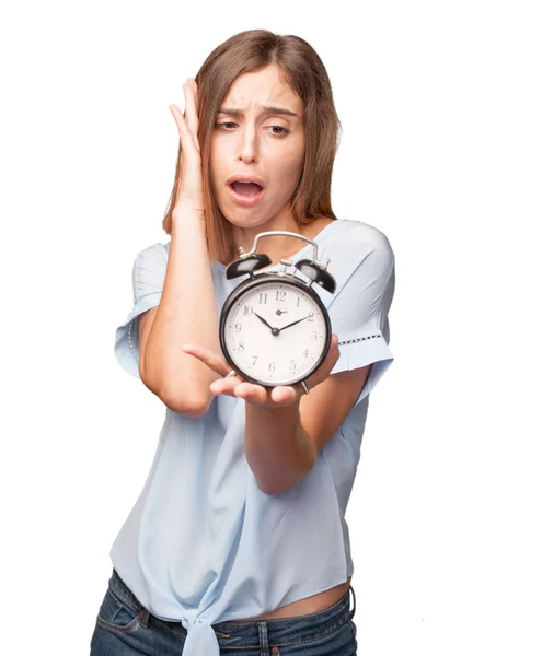 Young Pretty Woman Alarm Clock — Stock Photo, Image
