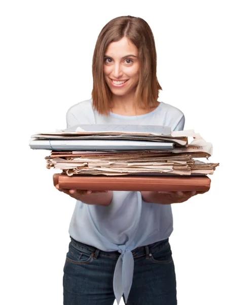 Joven Bonita Mujer Sosteniendo Documentos Oficina Archivos — Foto de Stock