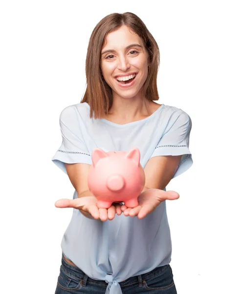 Jovem Bonita Mulher Com Porquinho Banco — Fotografia de Stock