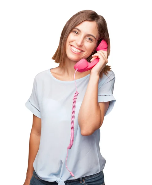 Молодая Красивая Женщина Винтажным Розовым Телефоном — стоковое фото