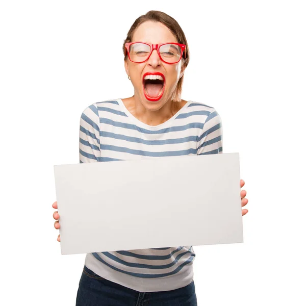 Jovem Mulher Bonita Segurando Cartaz — Fotografia de Stock