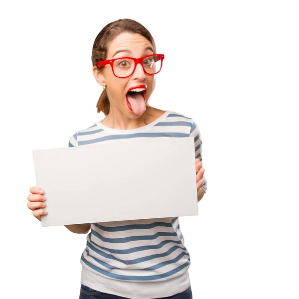 Jovem Mulher Bonita Segurando Cartaz — Fotografia de Stock