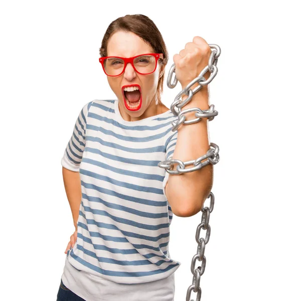 Young Pretty Woman Shouting Chain — Stock Photo, Image