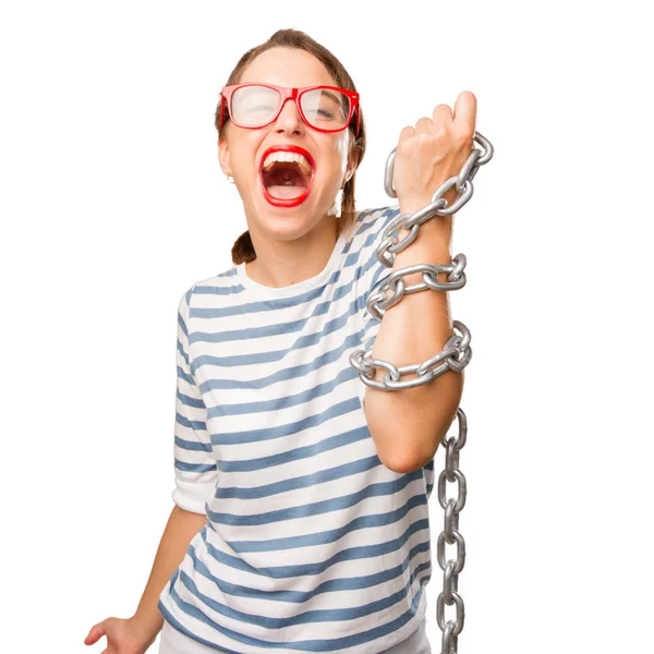 Young Pretty Woman Shouting Chain — Stock Photo, Image
