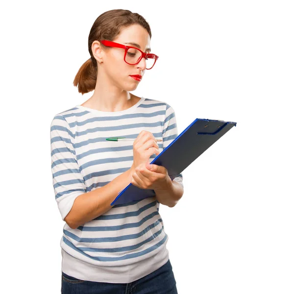 Young Pretty Woman Holding File Cabinet — Stock Photo, Image