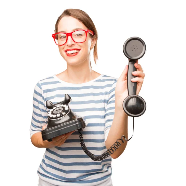 Joven Bonita Mujer Con Teléfono Vintage — Foto de Stock