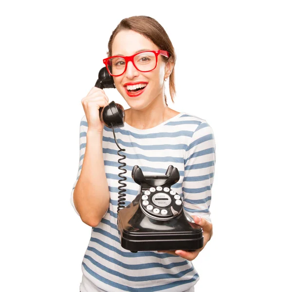 Young Pretty Woman Vintage Phone — Stock Photo, Image