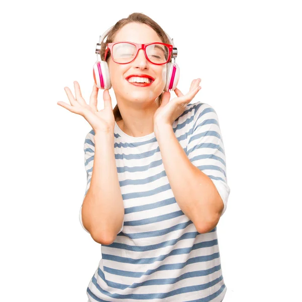 Joven Bonita Mujer Escuchando Música Con Auricular —  Fotos de Stock